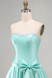 Mint Satin A Line Strapless Ruched Short Homecoming Dress with Bow