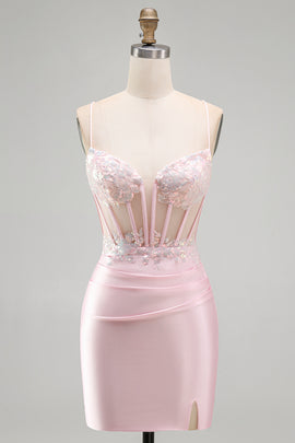 Sparkly Pink Satin Tight Sequin Ruched Short Corset Homecoming Dress with Slit