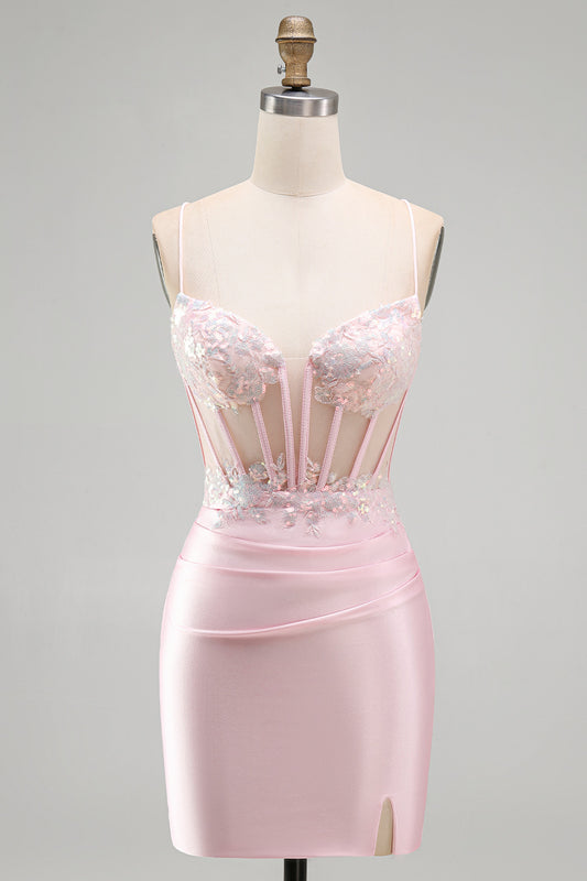 Sparkly Pink Satin Tight Sequin Ruched Short Corset Homecoming Dress with Slit