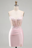 Sparkly Pink Satin Tight Sequin Ruched Short Corset Homecoming Dress with Slit
