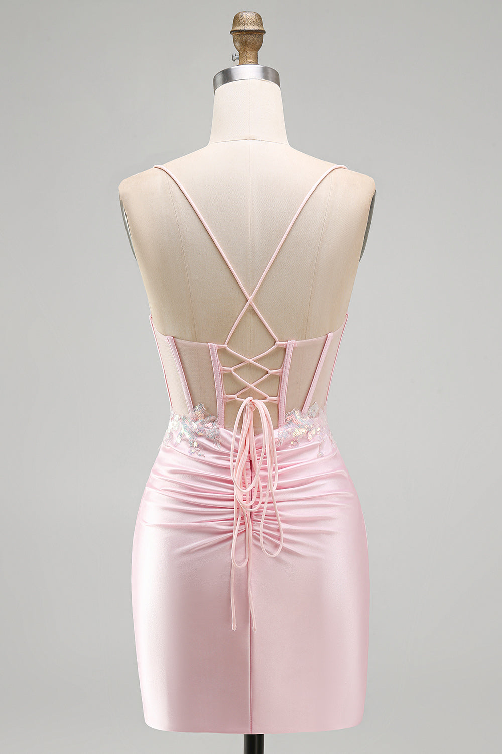 Sparkly Pink Satin Tight Sequin Ruched Short Corset Homecoming Dress with Slit