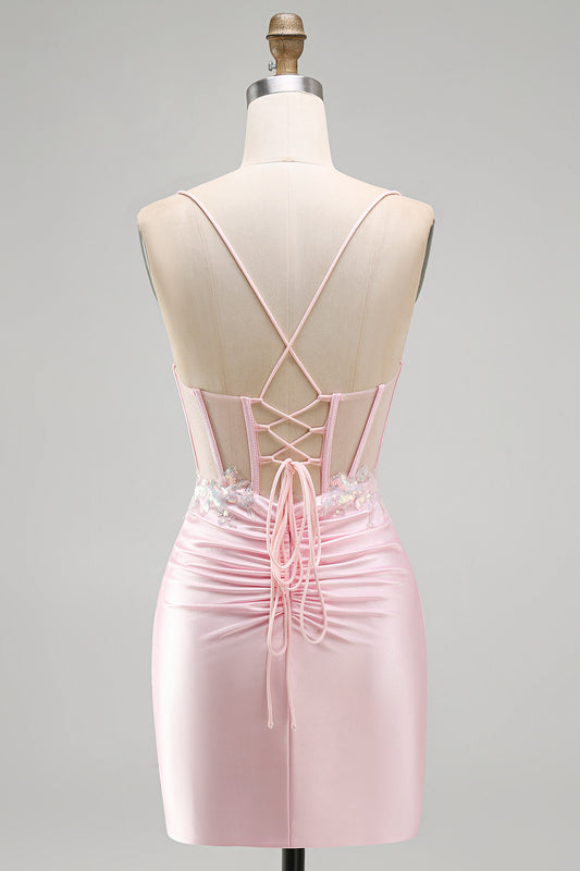 Sparkly Pink Satin Tight Sequin Ruched Short Corset Homecoming Dress with Slit