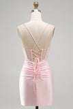 Sparkly Pink Satin Tight Sequin Ruched Short Corset Homecoming Dress with Slit