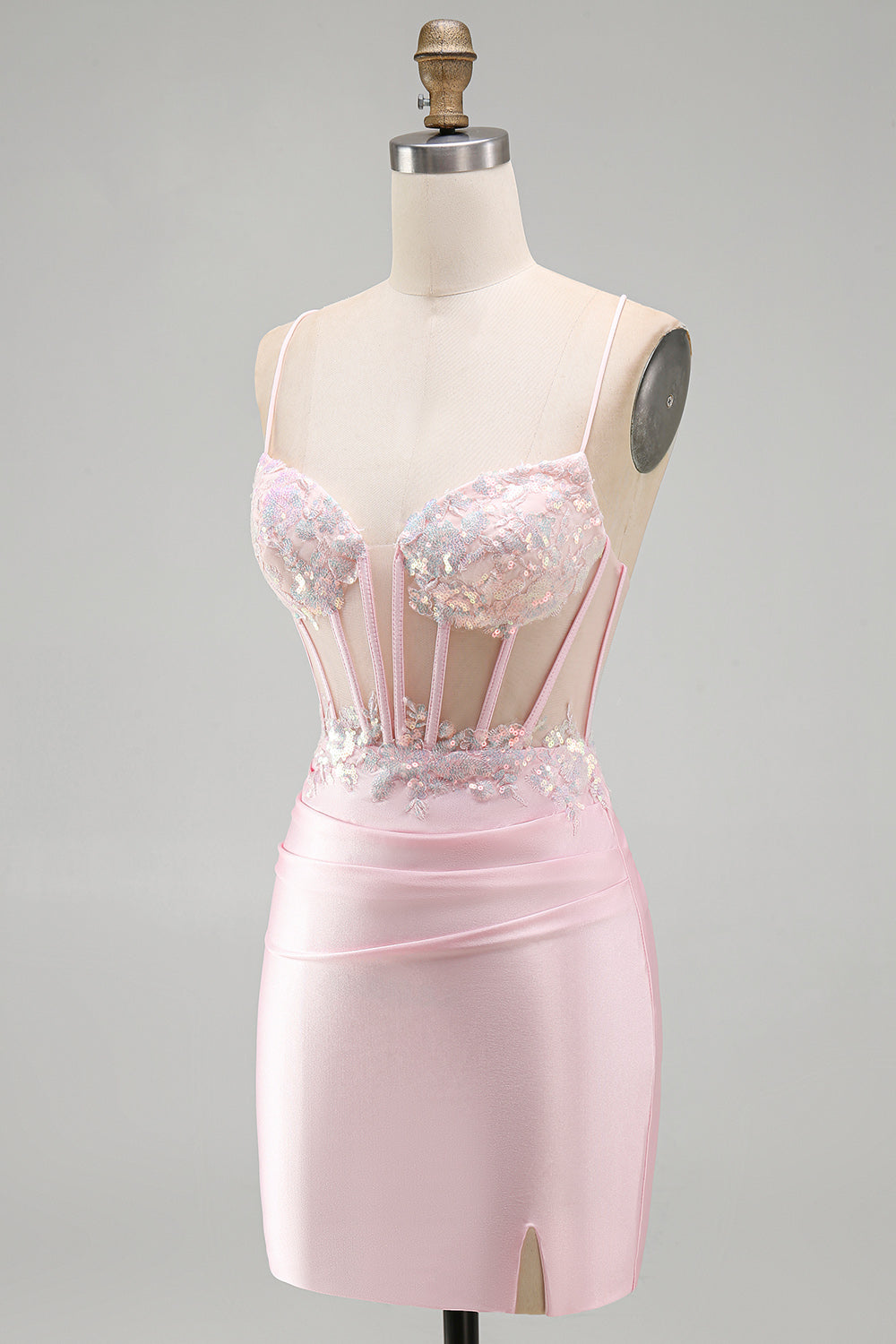 Sparkly Pink Satin Tight Sequin Ruched Short Corset Homecoming Dress with Slit