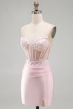 Sparkly Pink Satin Tight Sequin Ruched Short Corset Homecoming Dress with Slit