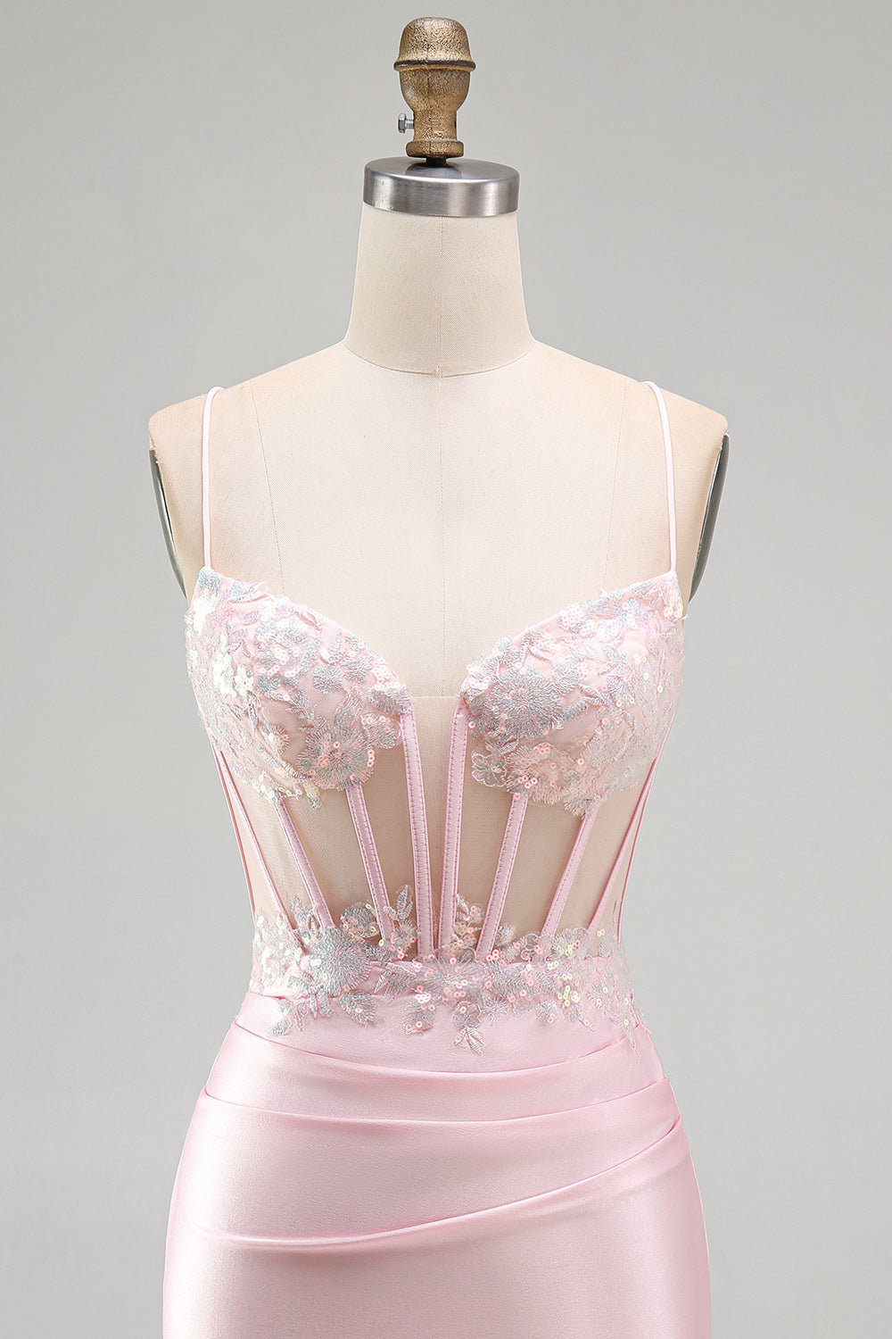 Sparkly Pink Satin Tight Sequin Ruched Short Corset Homecoming Dress with Slit