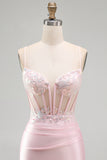 Sparkly Pink Satin Tight Sequin Ruched Short Corset Homecoming Dress with Slit