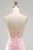 Sparkly Pink Satin Tight Sequin Ruched Short Corset Homecoming Dress with Slit