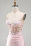 Sparkly Pink Satin Tight Sequin Ruched Short Corset Homecoming Dress with Slit