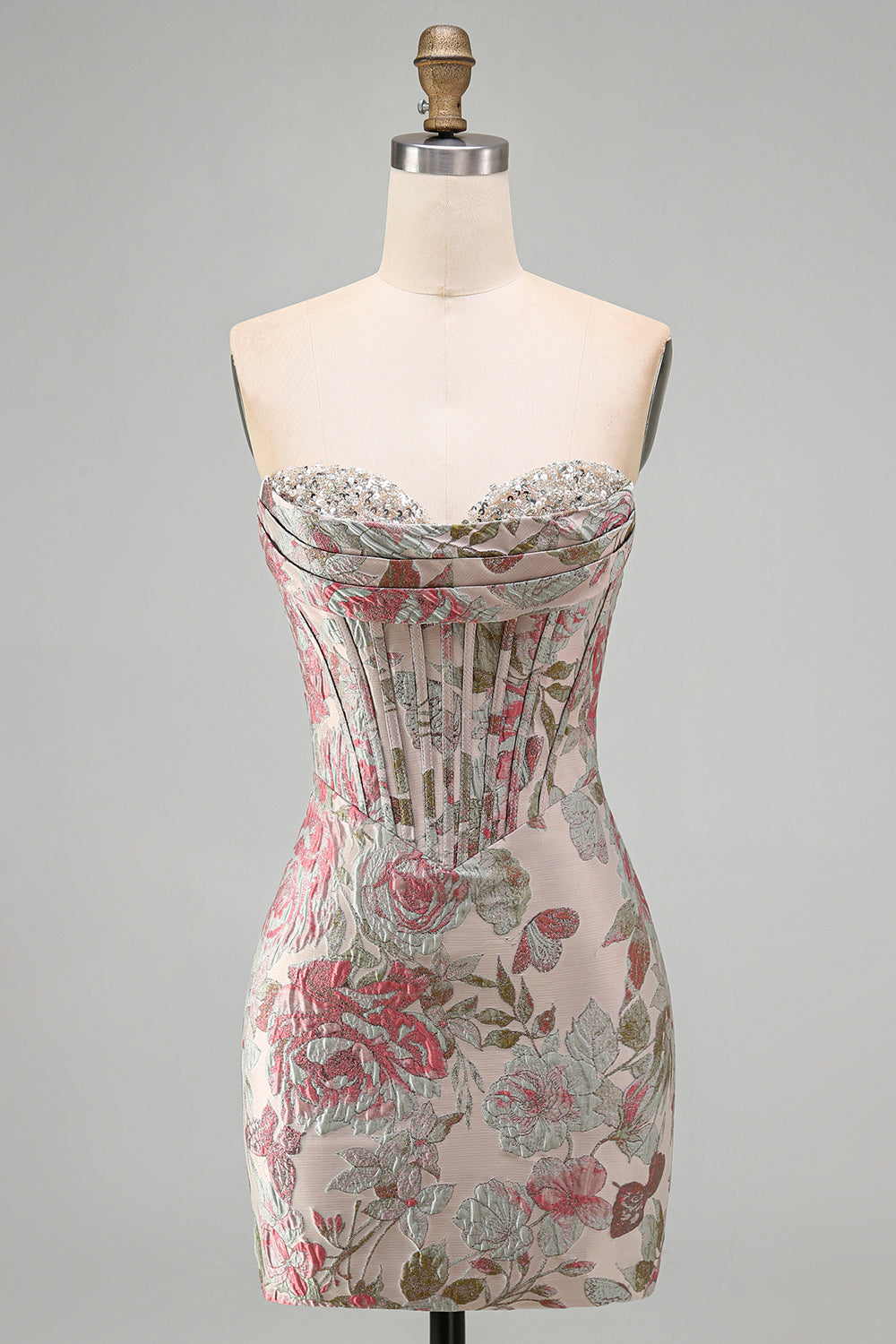 Pink Flower Jacquard Corset Tight Ruched Sweetheart Short Homecoming Dress