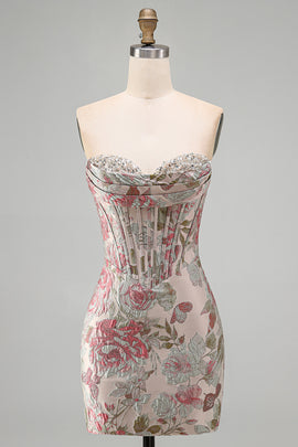 Pink Flower Jacquard Corset Tight Ruched Sweetheart Short Homecoming Dress