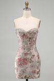 Pink Flower Jacquard Corset Tight Ruched Sweetheart Short Homecoming Dress