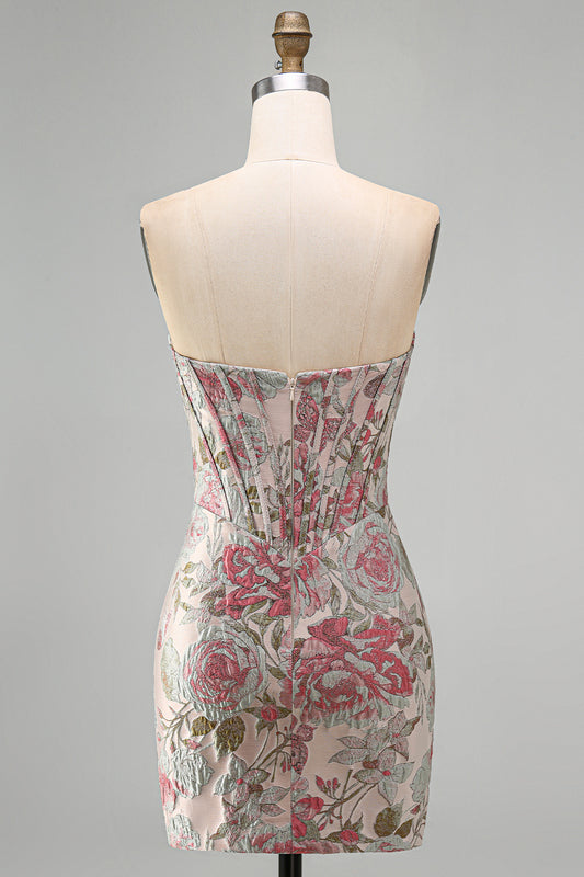 Pink Flower Jacquard Corset Tight Ruched Sweetheart Short Homecoming Dress