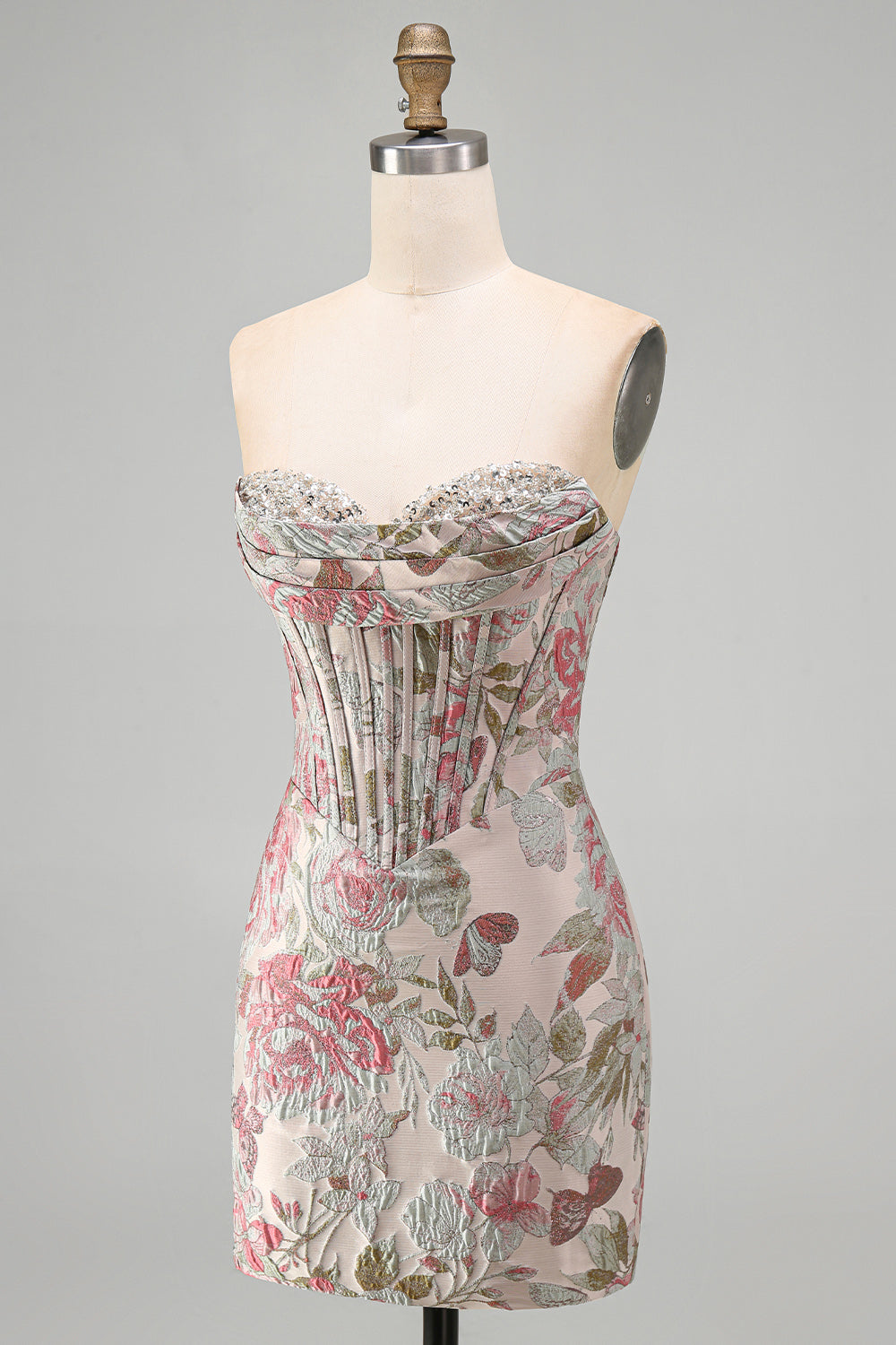 Pink Flower Jacquard Corset Tight Ruched Sweetheart Short Homecoming Dress