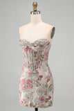 Pink Flower Jacquard Corset Tight Ruched Sweetheart Short Homecoming Dress