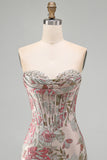 Pink Flower Jacquard Corset Tight Ruched Sweetheart Short Homecoming Dress