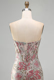 Pink Flower Jacquard Corset Tight Ruched Sweetheart Short Homecoming Dress