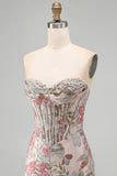 Pink Flower Jacquard Corset Tight Ruched Sweetheart Short Homecoming Dress