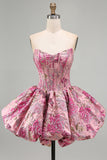 Red Flower Jacquard Corset Bubble A Line Short Homecoming Dress