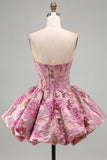 Red Flower Jacquard Corset Bubble A Line Short Homecoming Dress
