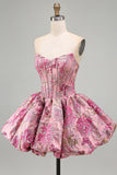 Red Flower Jacquard Corset Bubble A Line Short Homecoming Dress
