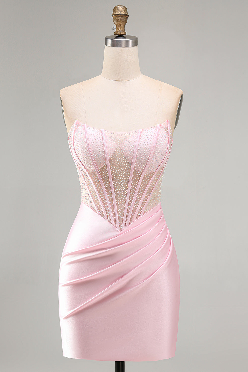 Sparkly Pink Beaded Tight Satin Ruched Short Corset Homecoming Dress
