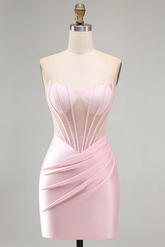 Sparkly Pink Beaded Tight Satin Ruched Short Corset Homecoming Dress
