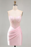 Sparkly Pink Beaded Tight Satin Ruched Short Corset Homecoming Dress