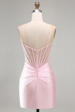 Sparkly Pink Beaded Tight Satin Ruched Short Corset Homecoming Dress