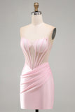 Sparkly Pink Beaded Tight Satin Ruched Short Corset Homecoming Dress