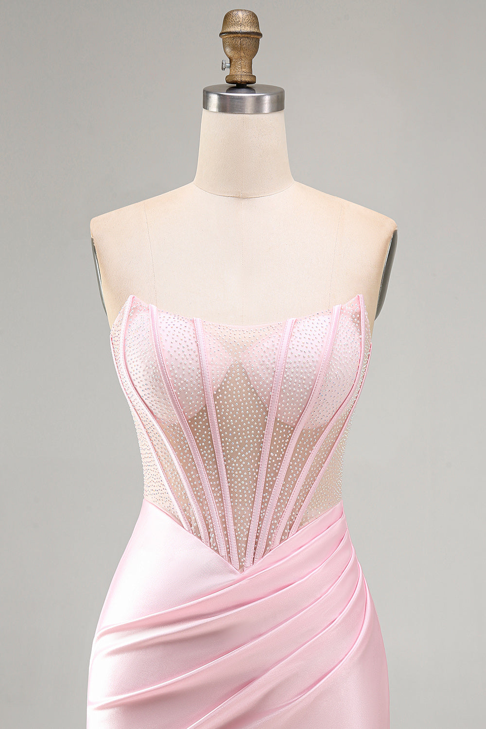Sparkly Pink Beaded Tight Satin Ruched Short Corset Homecoming Dress