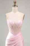Sparkly Pink Beaded Tight Satin Ruched Short Corset Homecoming Dress