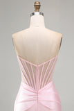 Sparkly Pink Beaded Tight Satin Ruched Short Corset Homecoming Dress