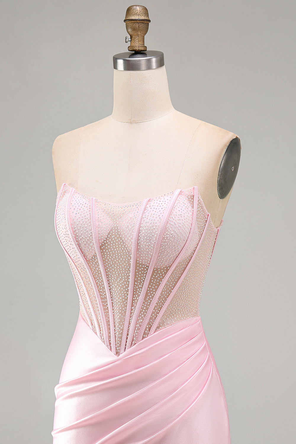 Sparkly Pink Beaded Tight Satin Ruched Short Corset Homecoming Dress