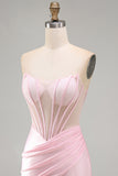 Sparkly Pink Beaded Tight Satin Ruched Short Corset Homecoming Dress