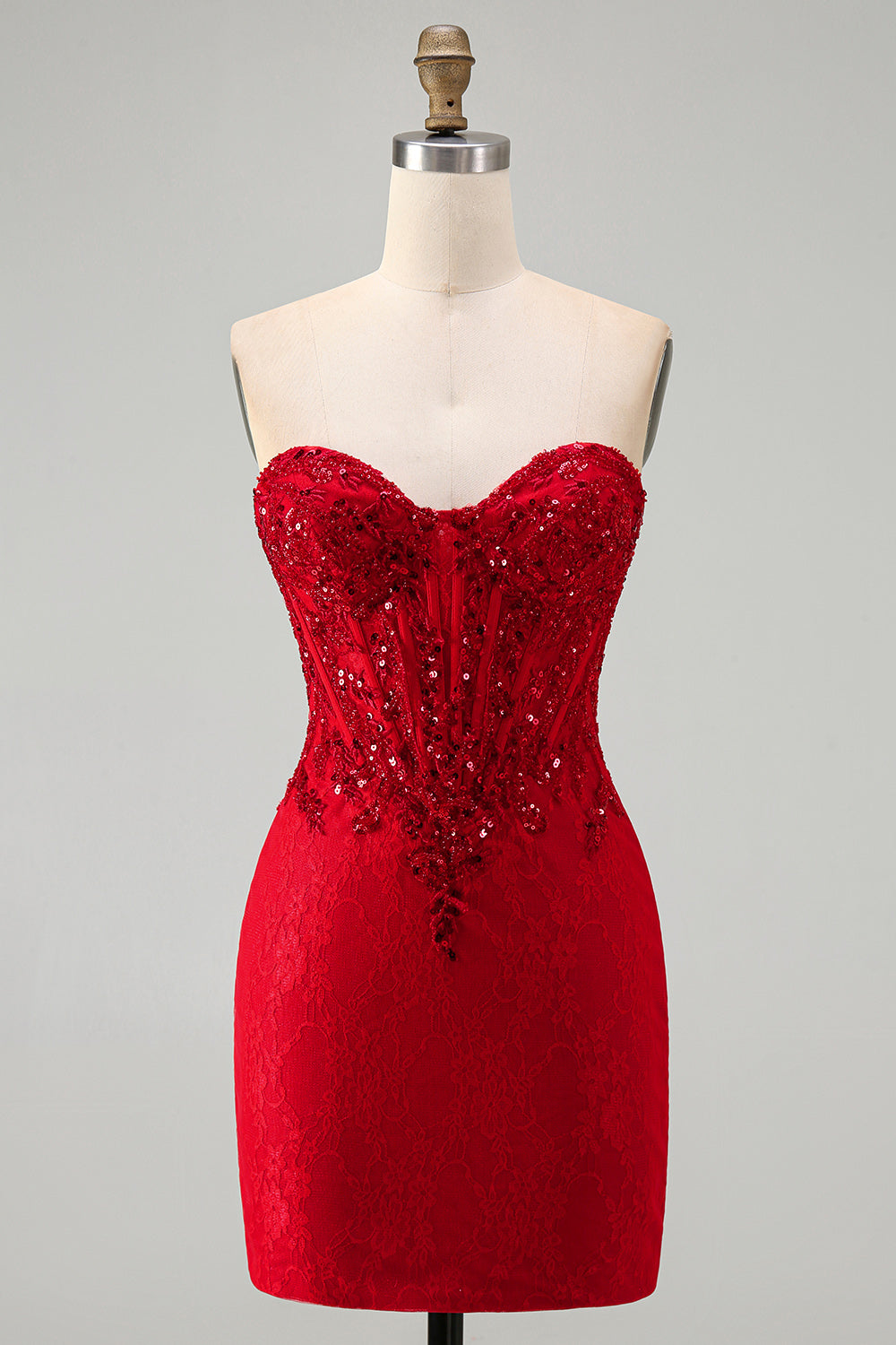 Red Corset Sequins Lace Sweetheart Tight Short Homecoming Dress