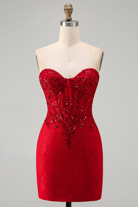 Red Corset Sequins Lace Sweetheart Tight Short Homecoming Dress