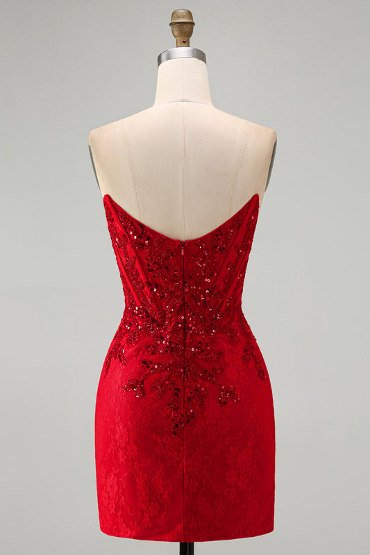 Red Corset Sequins Lace Sweetheart Tight Short Homecoming Dress