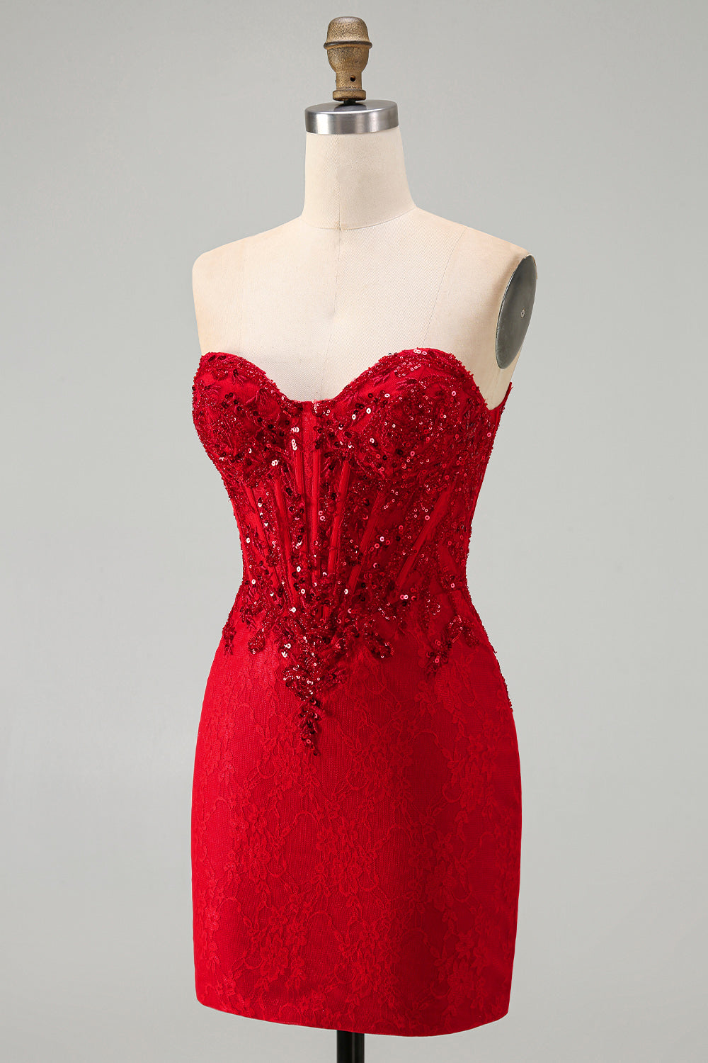 Red Corset Sequins Lace Sweetheart Tight Short Homecoming Dress