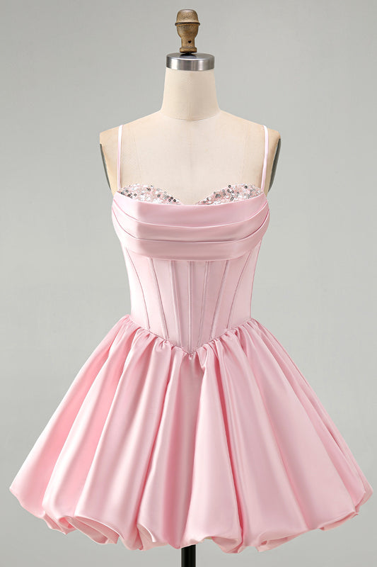 Pink Corset Ruched A Line Satin Short Homecoming Dress with Sequins