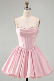 Pink Corset Ruched A Line Satin Short Homecoming Dress with Sequins