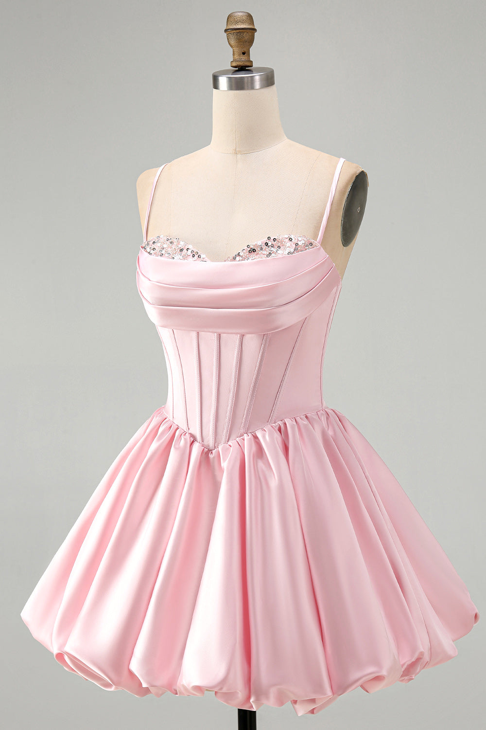 Pink Corset Ruched A Line Satin Short Homecoming Dress with Sequins