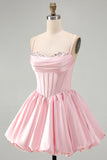 Pink Corset Ruched A Line Satin Short Homecoming Dress with Sequins