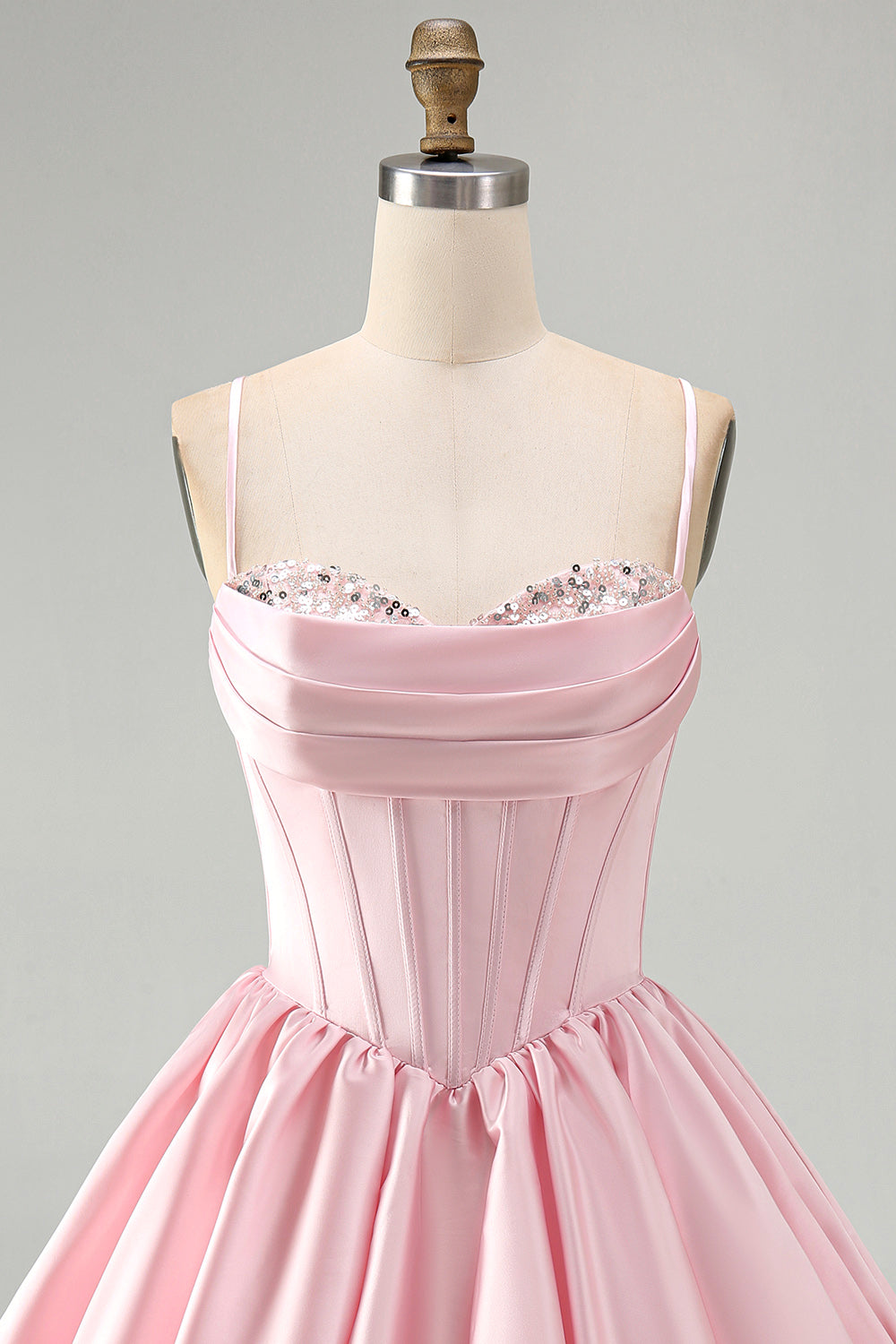 Pink Corset Ruched A Line Satin Short Homecoming Dress with Sequins