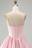 Pink Corset Ruched A Line Satin Short Homecoming Dress with Sequins
