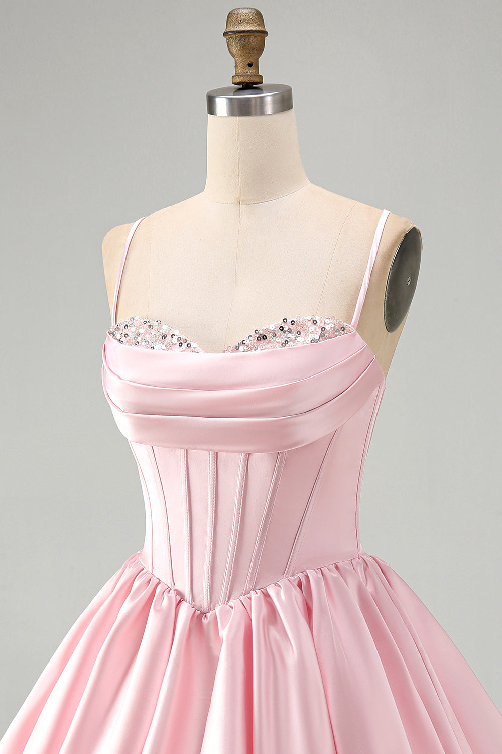 Pink Corset Ruched A Line Satin Short Homecoming Dress with Sequins