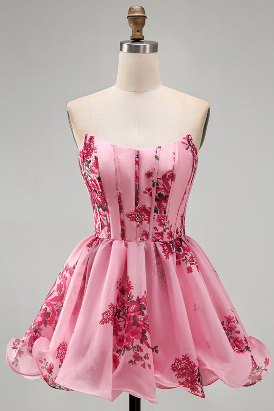 Floral Pink Strapless A Line Short Corset Homecoming Dress
