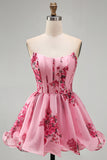Floral Pink Strapless A Line Short Corset Homecoming Dress