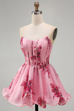 Floral Pink Strapless A Line Short Corset Homecoming Dress