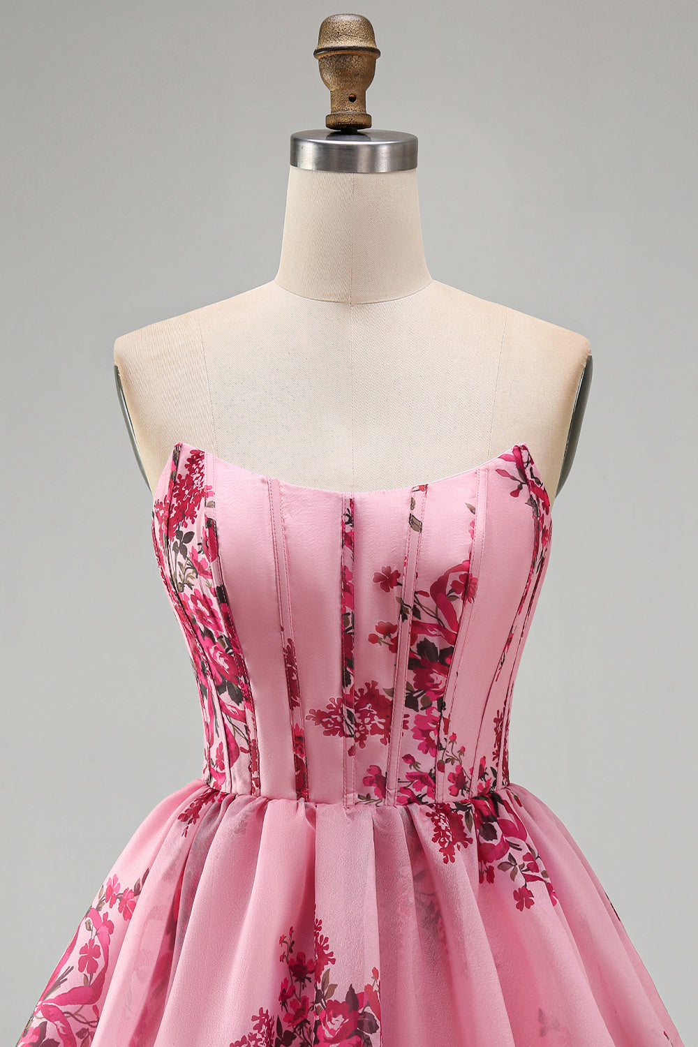 Floral Pink Strapless A Line Short Corset Homecoming Dress